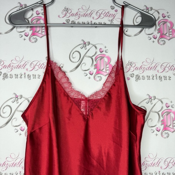Victoria secret tank top lacie shimmer shiny silky Red Satin Lace Trim Cami Top - Picture 2 of 10